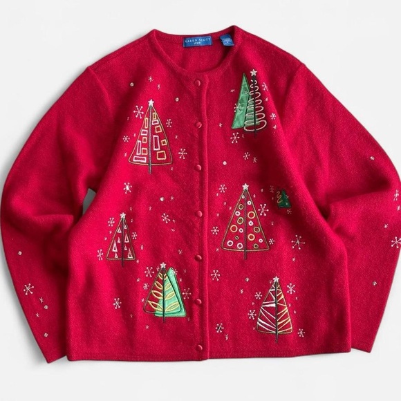 Karen Scott Sweaters - Vintage Karen Scott Sport Wool Red Embroidered Christmas Tree Cardigan